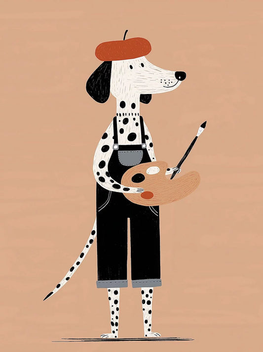 Illustration of a dalmatian dog dressed as an artist with a paintbrush and palette on a beige background.