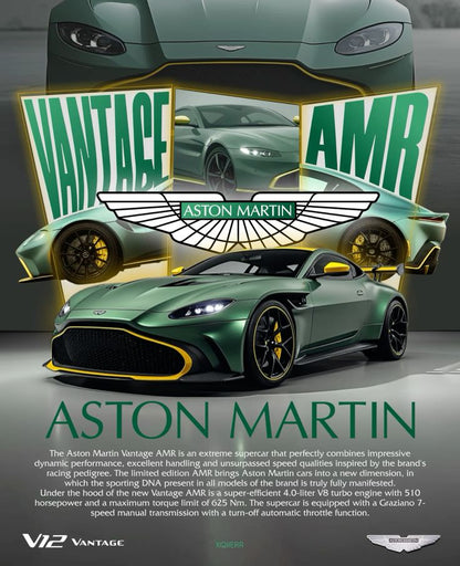 Aston Martin Vantage AMR car with branding and specifications on a gray background