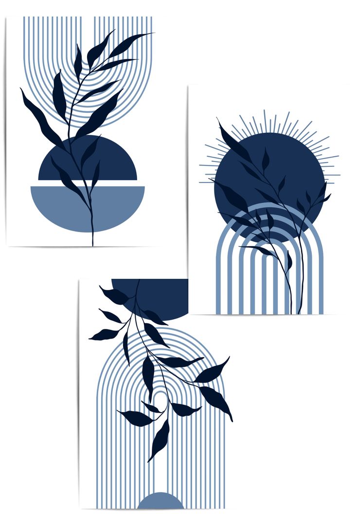 Set of three abstract designs with blue and black elements on a white background