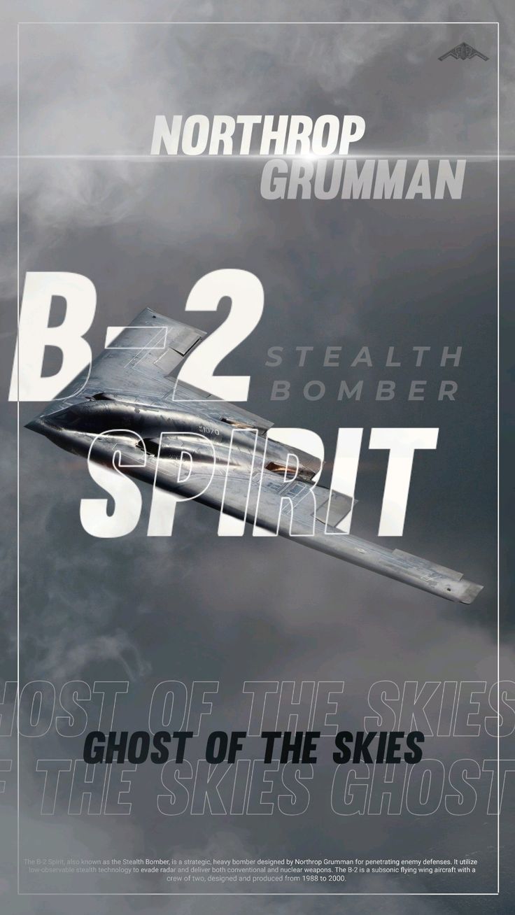 Advertisement for Northrop Grumman B-2 Stealth Bomber with aircraft silhouette on cloudy sky background