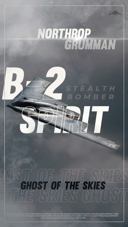 Advertisement for Northrop Grumman B-2 Stealth Bomber with aircraft silhouette on cloudy sky background