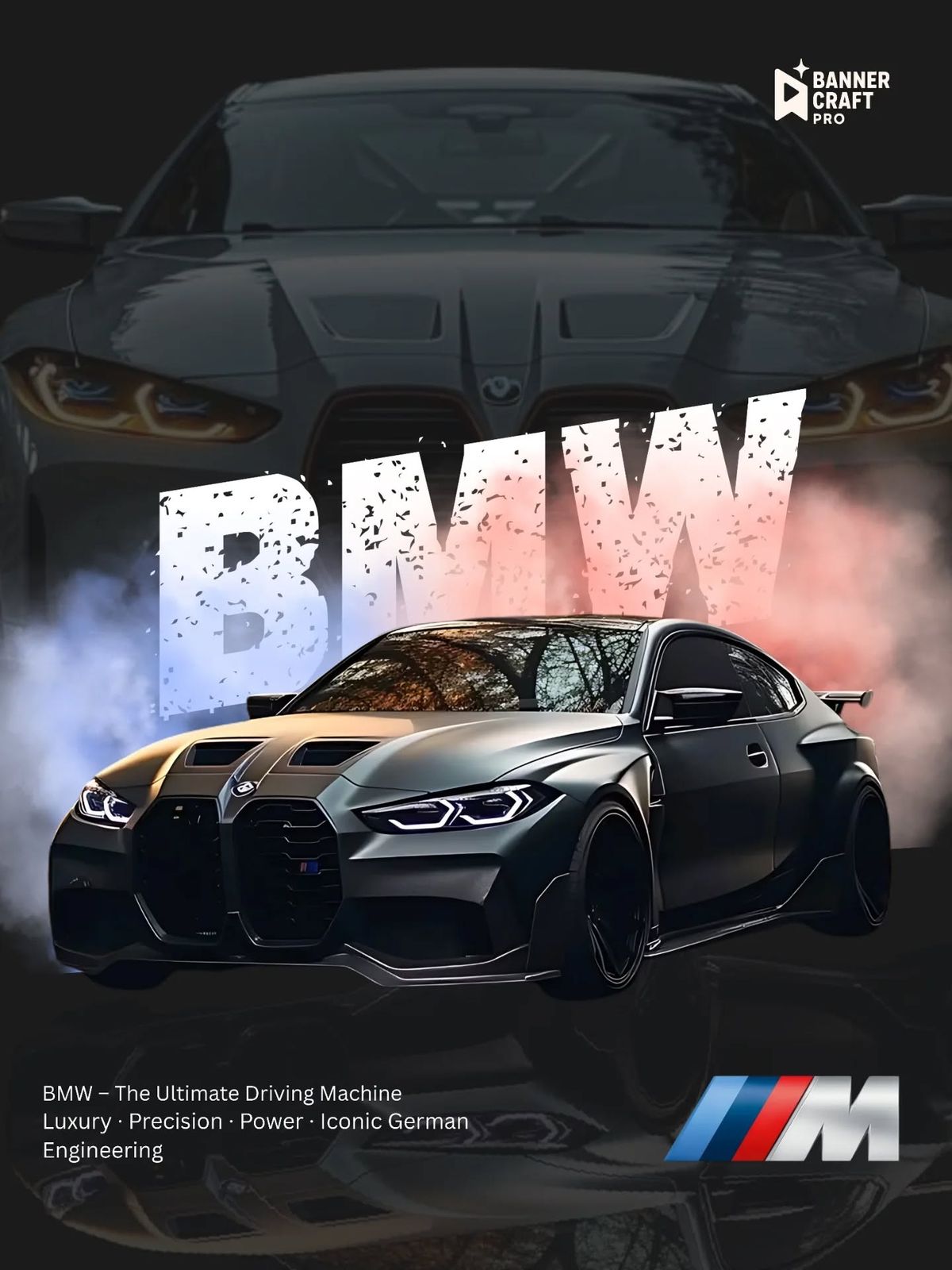 BMW car with brand logo and text on a dark background