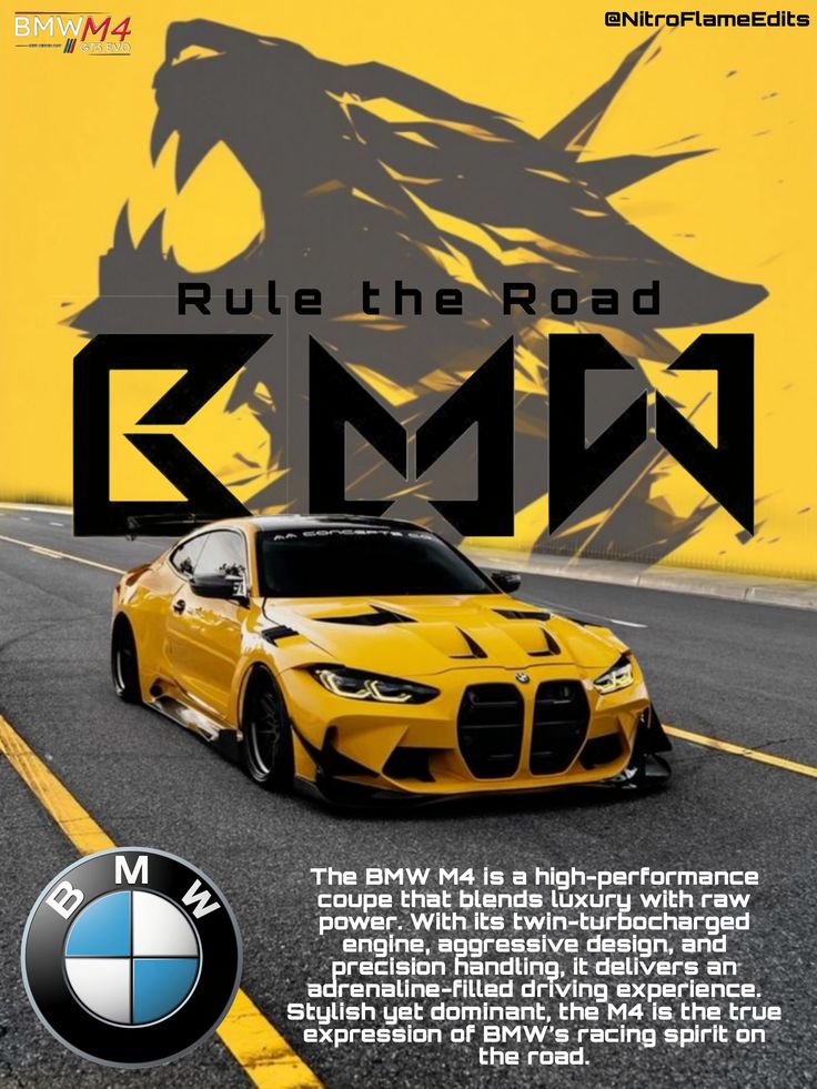 Yellow BMW M4 car on a road with a yellow background and BMW logo.