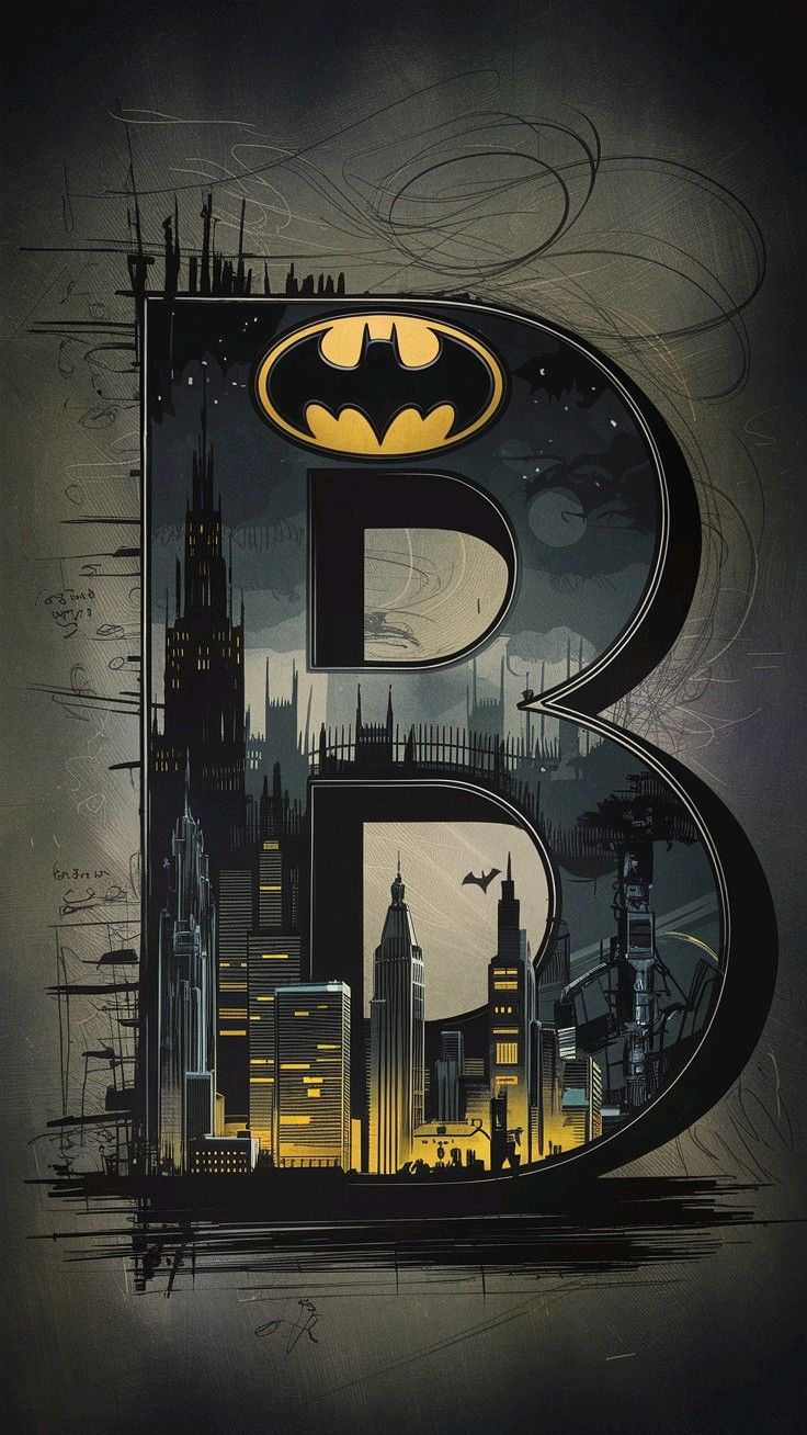 Batman logo with cityscape inside the letter 'B' on a dark background