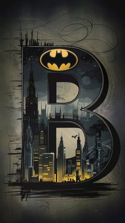 Batman logo with cityscape inside the letter 'B' on a dark background