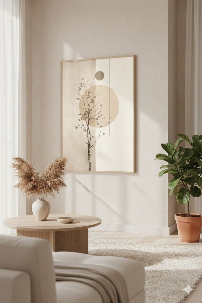 Modern living room with a neutral color palette, featuring a framed artwork, potted plant, and decorative vase.