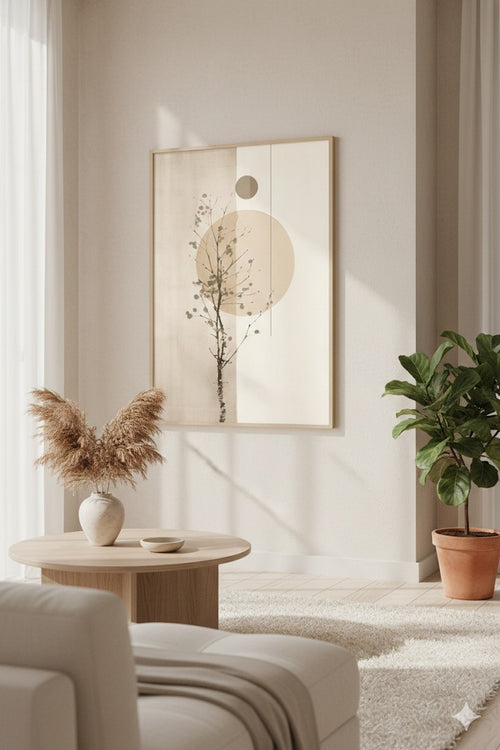 Modern living room with a neutral color palette, featuring a framed artwork, potted plant, and decorative vase.
