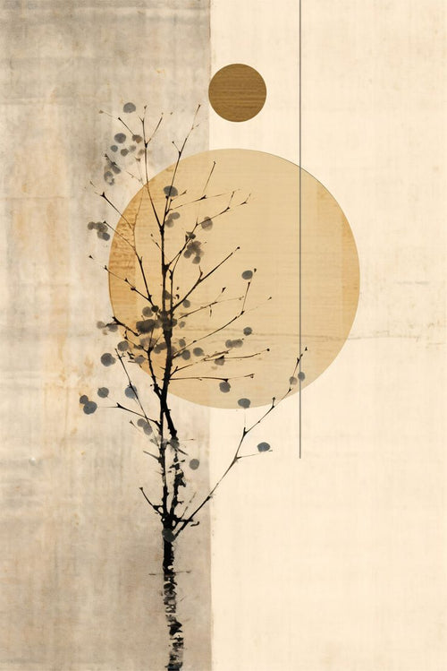 Abstract art with branches and circular shapes on a textured beige background