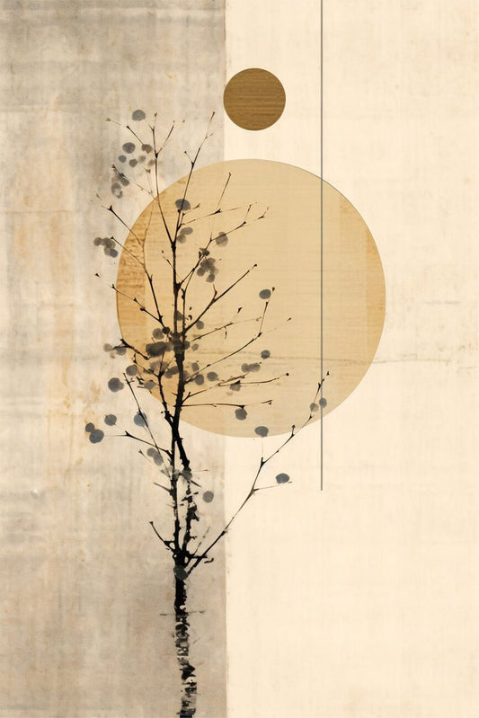 Abstract art with branches and circular shapes on a textured beige background