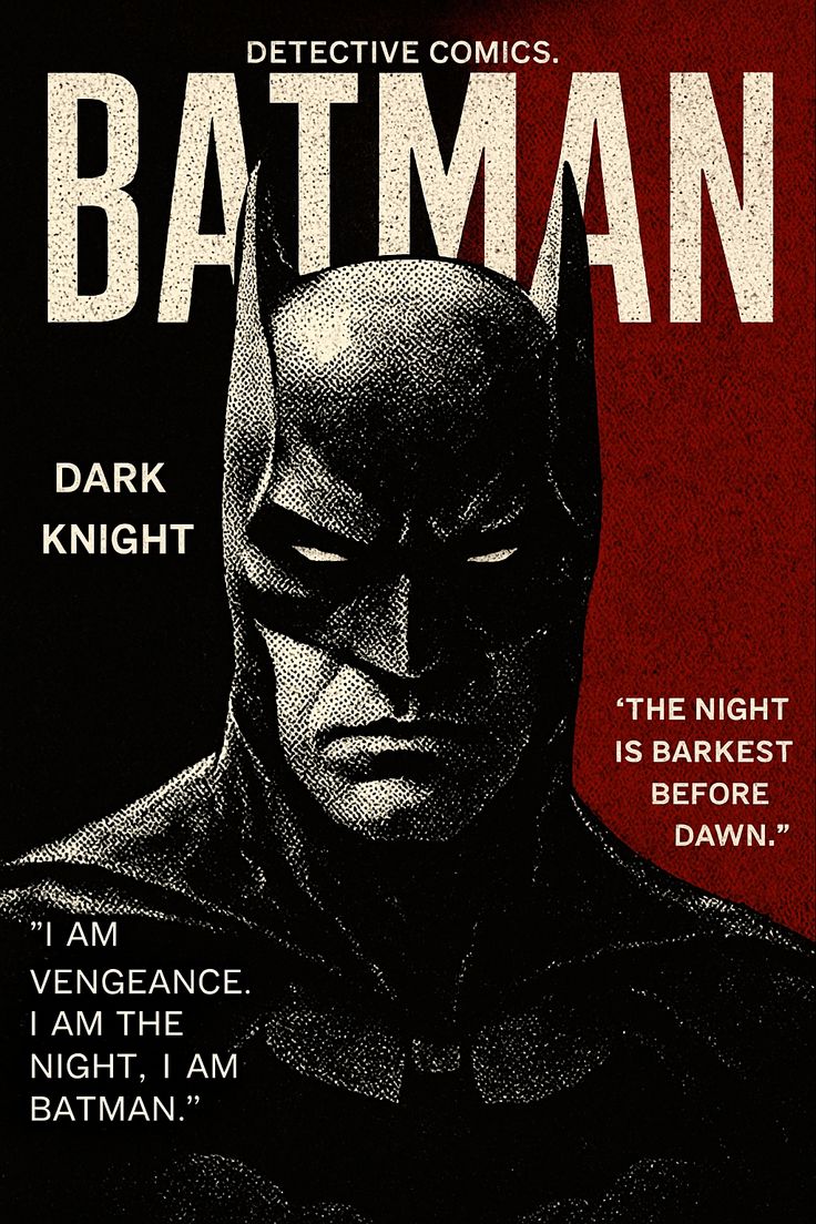 Batman in a dark suit with text about his identity and mission.