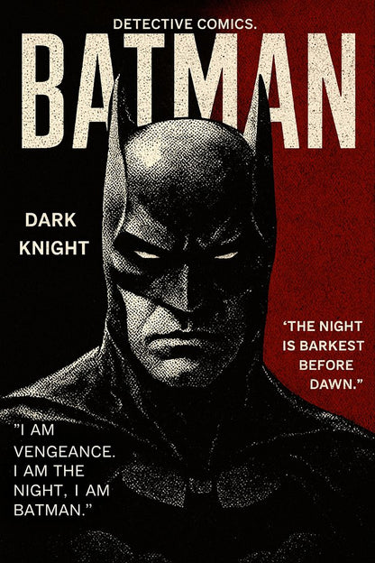 Batman in a dark suit with text about his identity and mission.