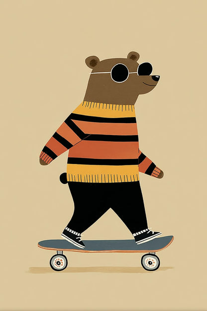 Illustration of a bear wearing a striped sweater and sunglasses, riding a skateboard on a beige background.
