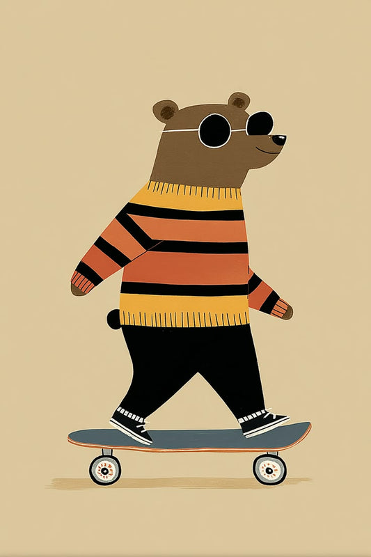 Illustration of a bear wearing a striped sweater and sunglasses, riding a skateboard on a beige background.