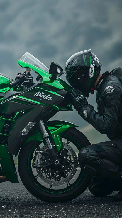Person wearing a helmet and black jacket next to a green motorcycle with 'Ninja' branding on a cloudy day.