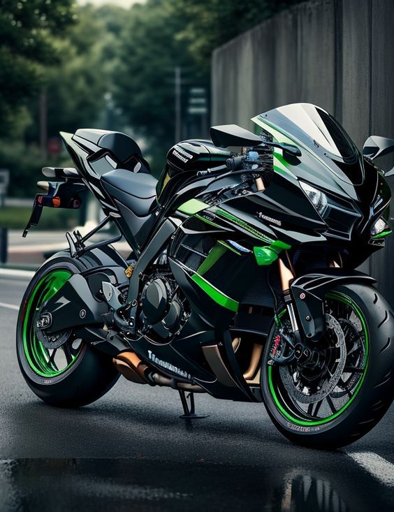 Black and green motorcycle parked on a wet road with blurred background