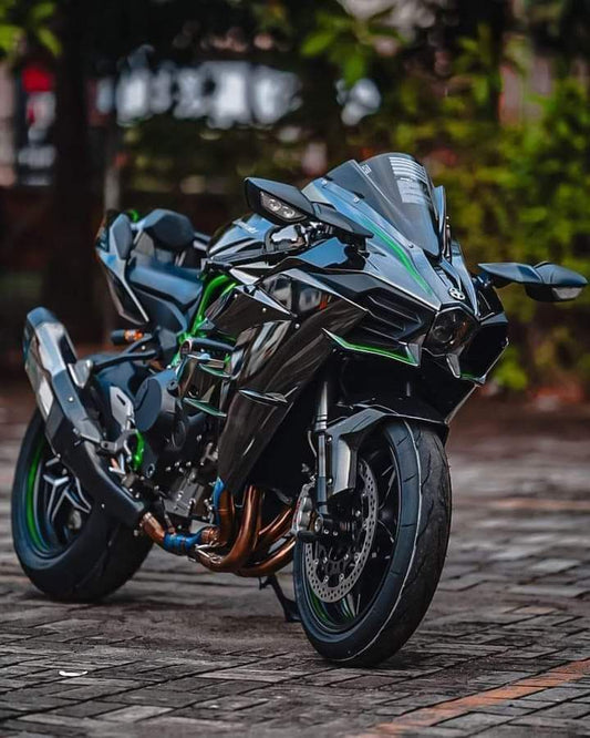 Motorcycle on a cobblestone street with blurred background