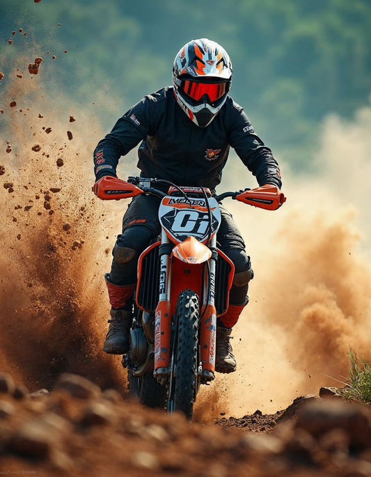 Person riding a dirt bike through a cloud of dust with a blurred natural background