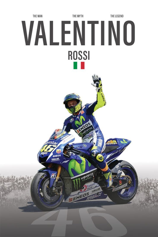 Valentino Rossi on a motorcycle with text 'The Man, The Myth, The Legend Valentino Rossi' on a white background.