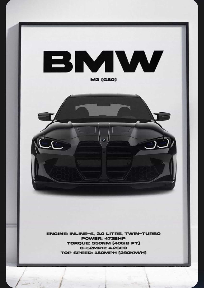 Framed poster of a black BMW car with specifications on a white background