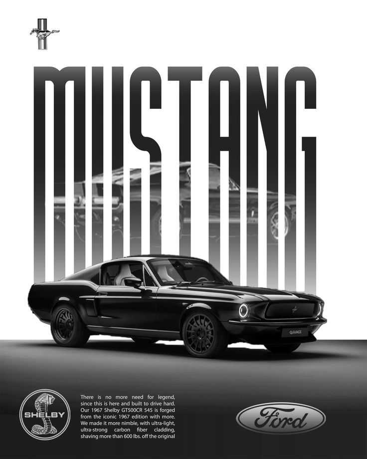 Black Mustang car with 'Mustang' text and Ford logo on a white background