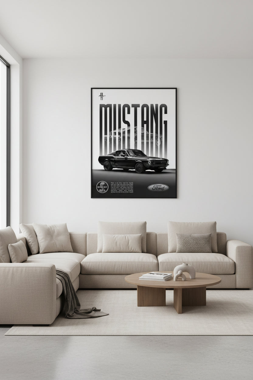 Black Mustang car with 'Mustang' text and Ford logo on a white background