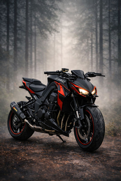 Black and red motorcycle in a forest setting