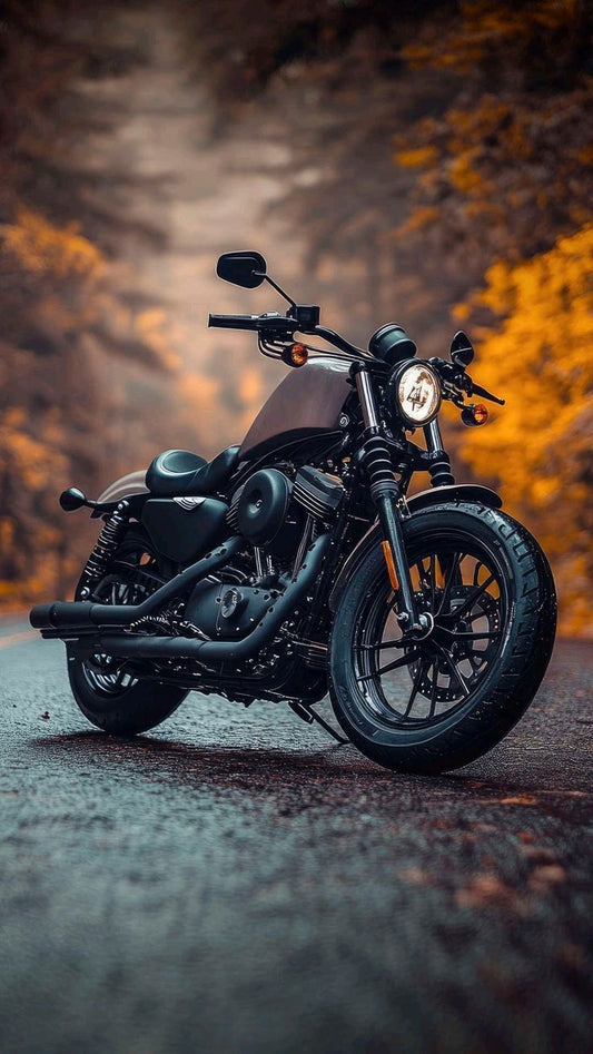 Black motorcycle on a road with a blurred background