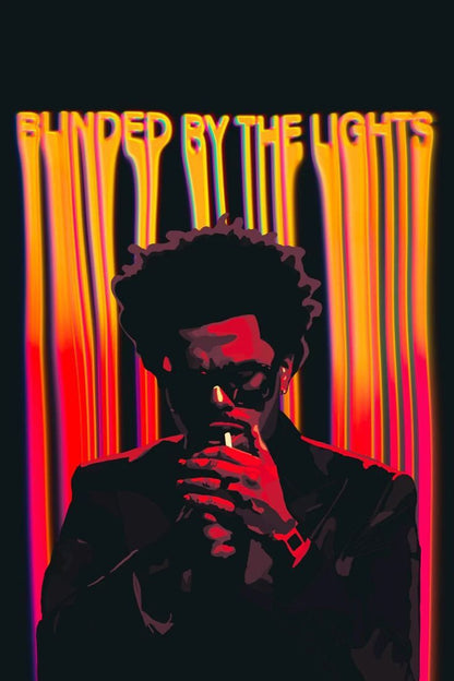 Person holding a light source with 'Blinded by the Lights' text in neon colors