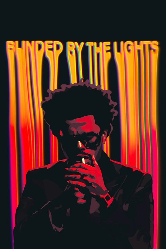 Person holding a light source with 'Blinded by the Lights' text in neon colors