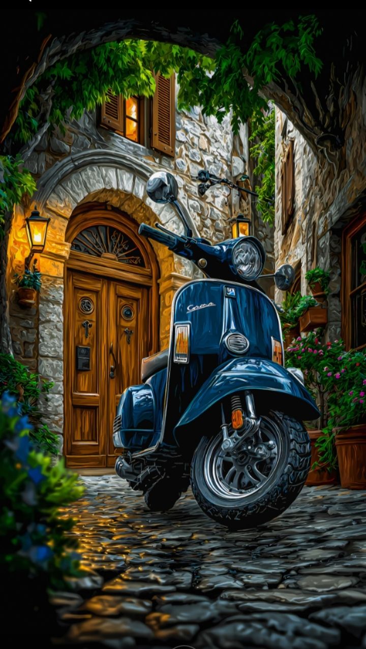 Blue scooter parked in front of a stone building with wooden doors on a cobblestone street.