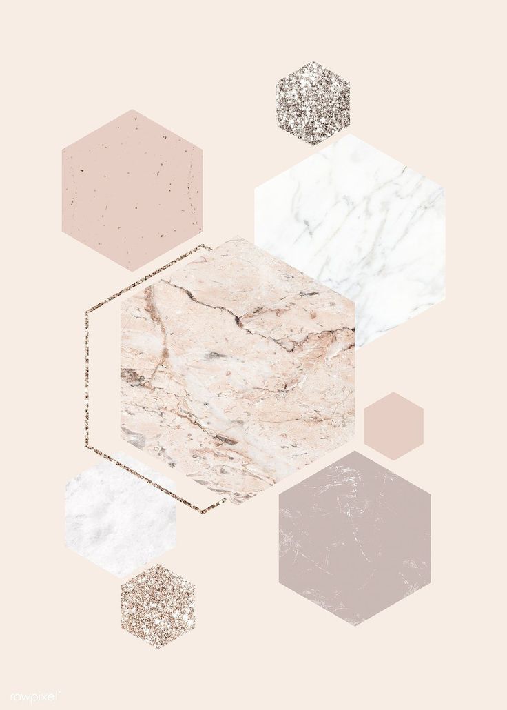 Geometric pattern with hexagonal shapes in various textures and colors on a light pink background.