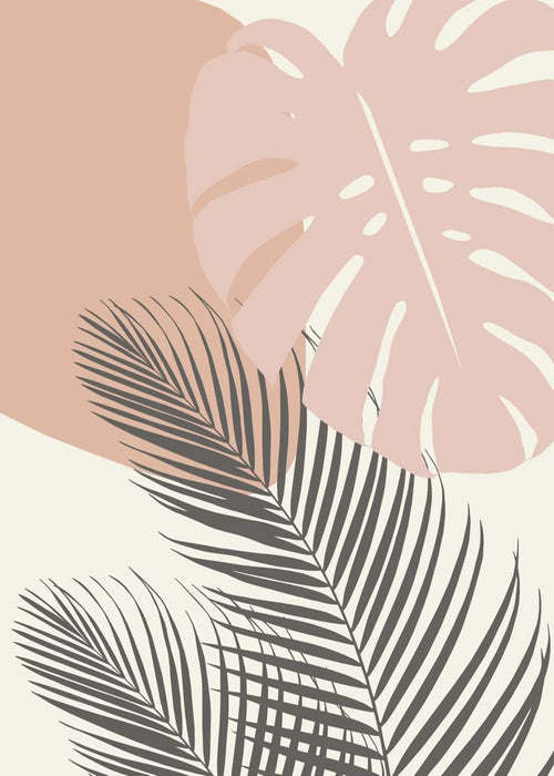 Tropical leaves with pink and black design on a light background