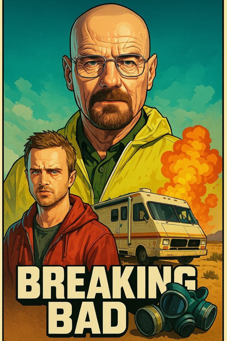 Promotional poster for 'Breaking Bad' with two characters and an RV.