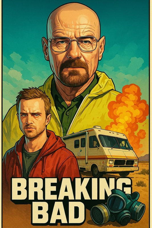Promotional poster for 'Breaking Bad' with two characters and an RV.