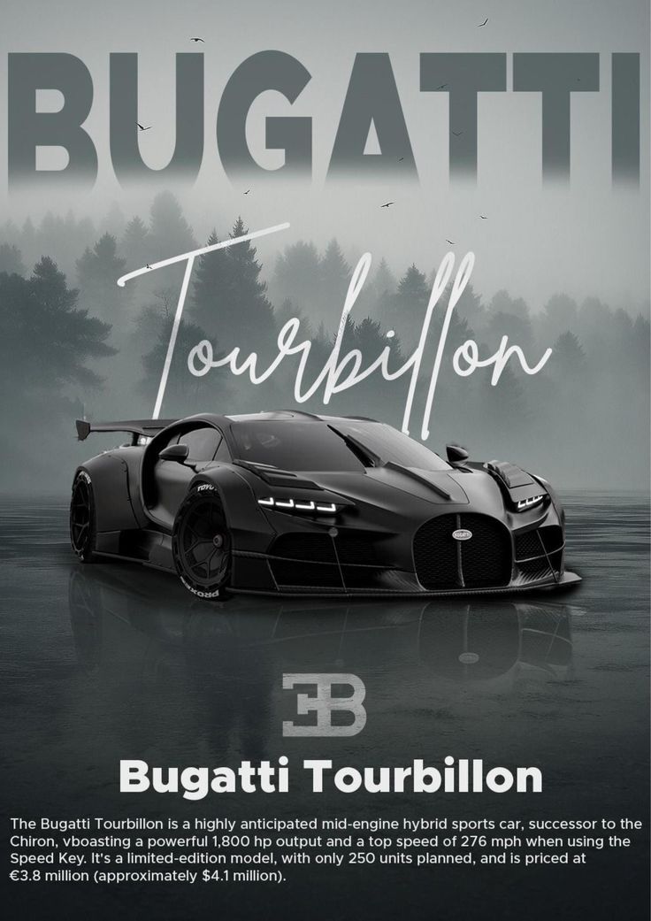 Bugatti Tourbillon car on a misty forest background with 'Bugatti' branding.