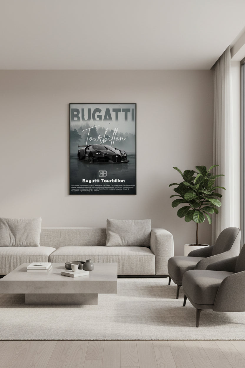 Living room with Bugatti Tourbillon poster on the wall