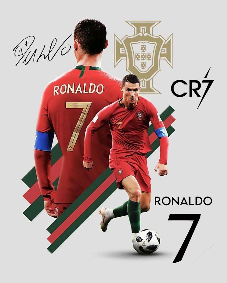 Soccer player in red jersey with 'RONALDO' and number '7', Portugal emblem, and 'CR7' branding.