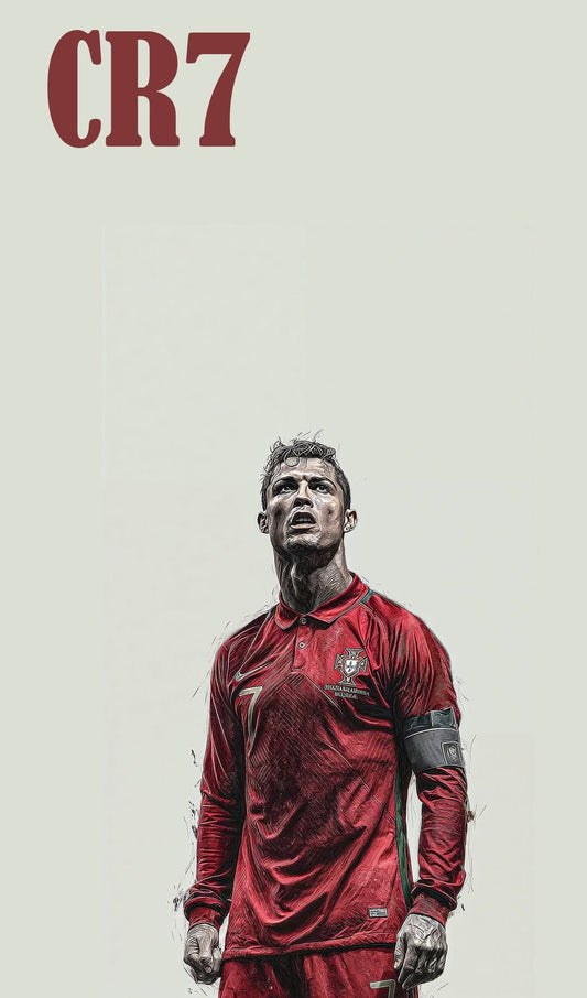 Person wearing a red sports jersey with 'CR7' branding on a beige background