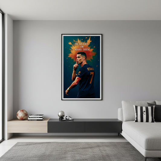 Soccer player in a dark blue jersey with 'RONALDO' and number '7' on a dark background with text.