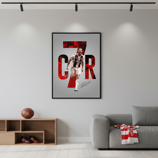 Soccer player in action with 'CR' initials and signature on a gray background