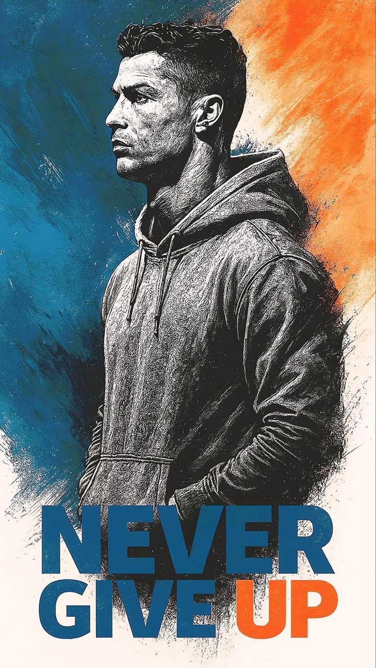 Person wearing a hoodie with 'Never Give Up' text against a colorful background