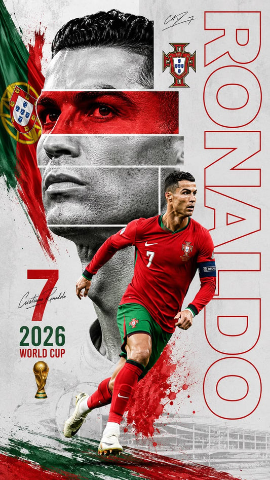 Portuguese soccer player in action with national flag and World Cup 2026 text