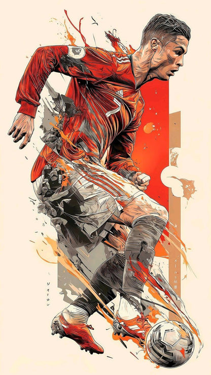 Artistic depiction of a soccer player in action with dynamic colors and splashes.