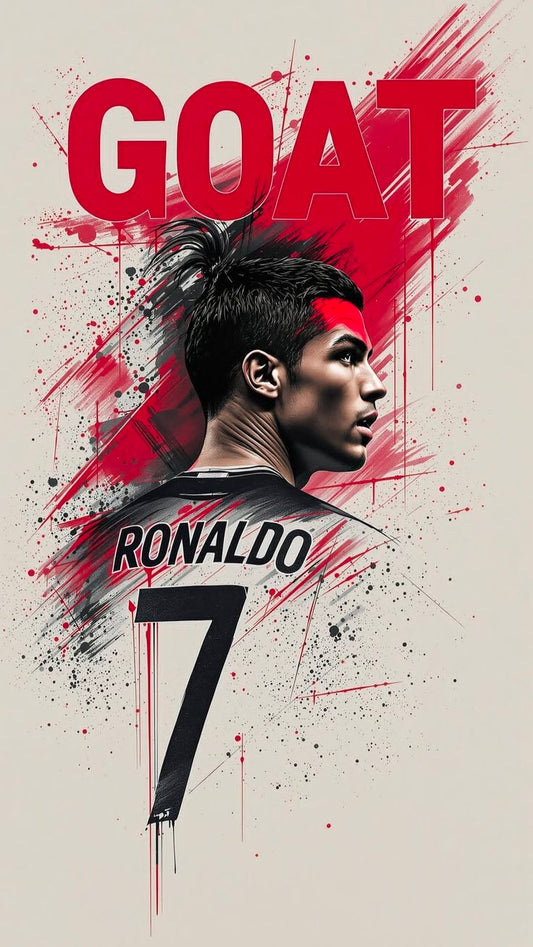 Stylized depiction of a soccer player with 'GOAT Ronaldo 7' text on a red and beige background