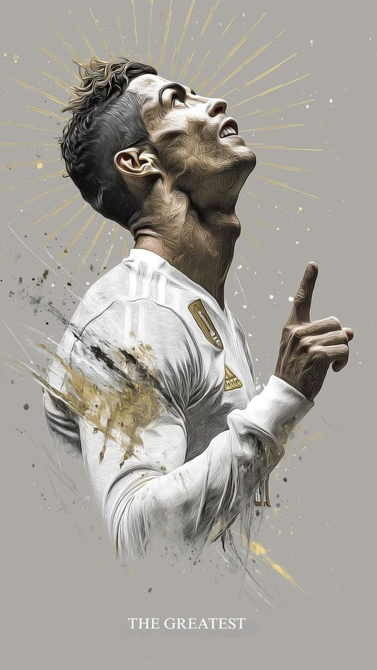 Artistic depiction of a person in a white outfit with gold accents, pointing upwards against a gray background.