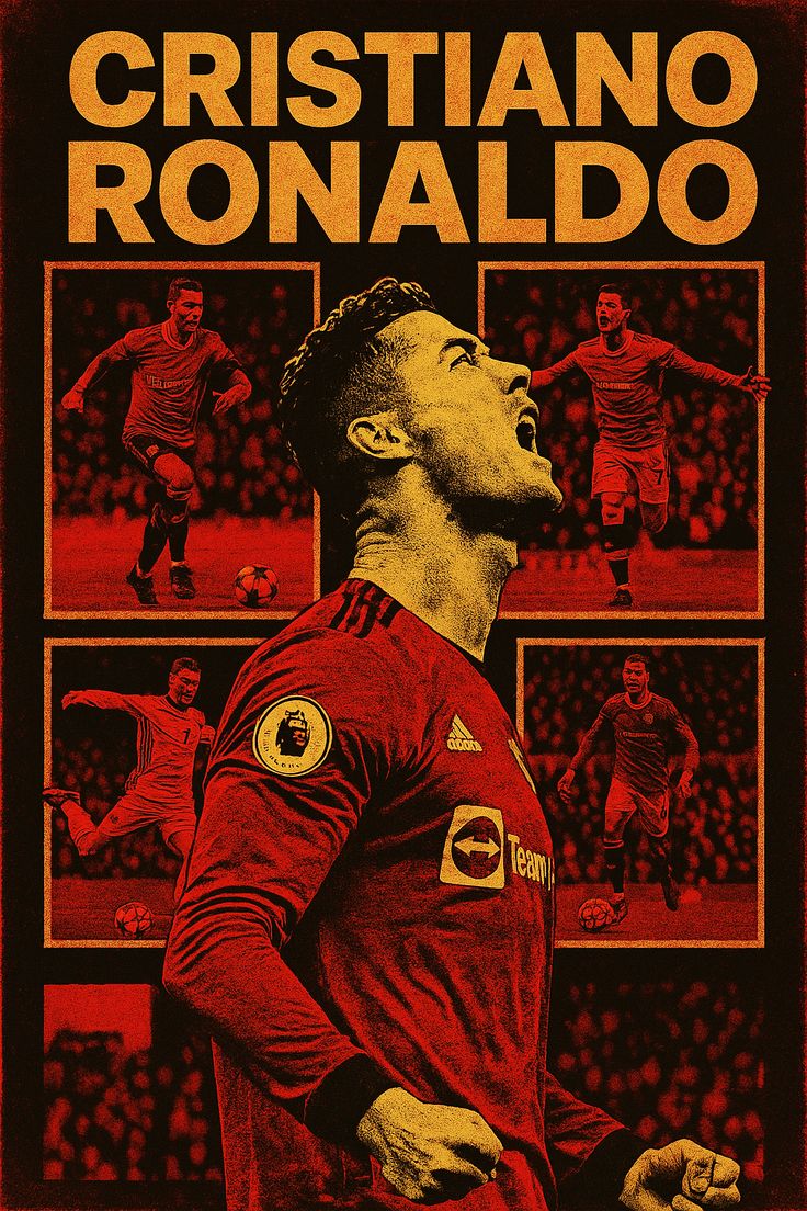 Collage of Cristiano Ronaldo in action with a prominent display of his name.
