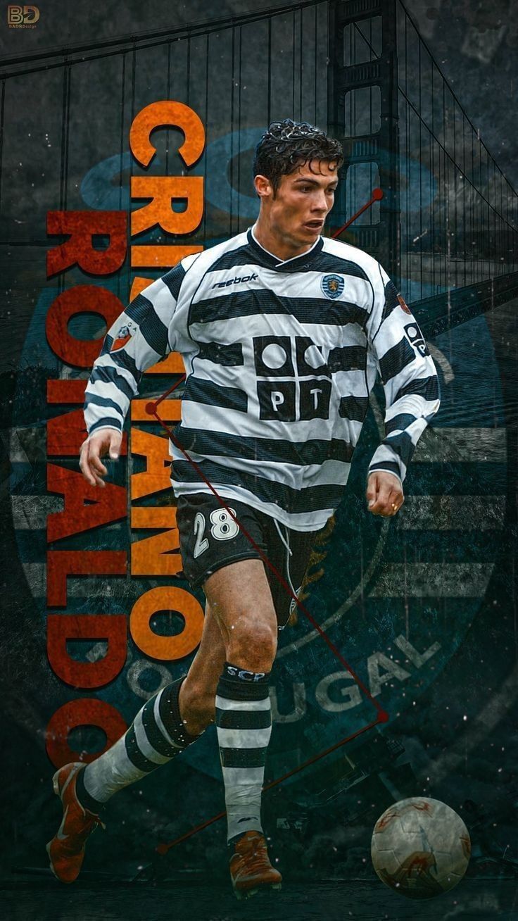 Soccer player in a striped jersey with text and logo on a dark background