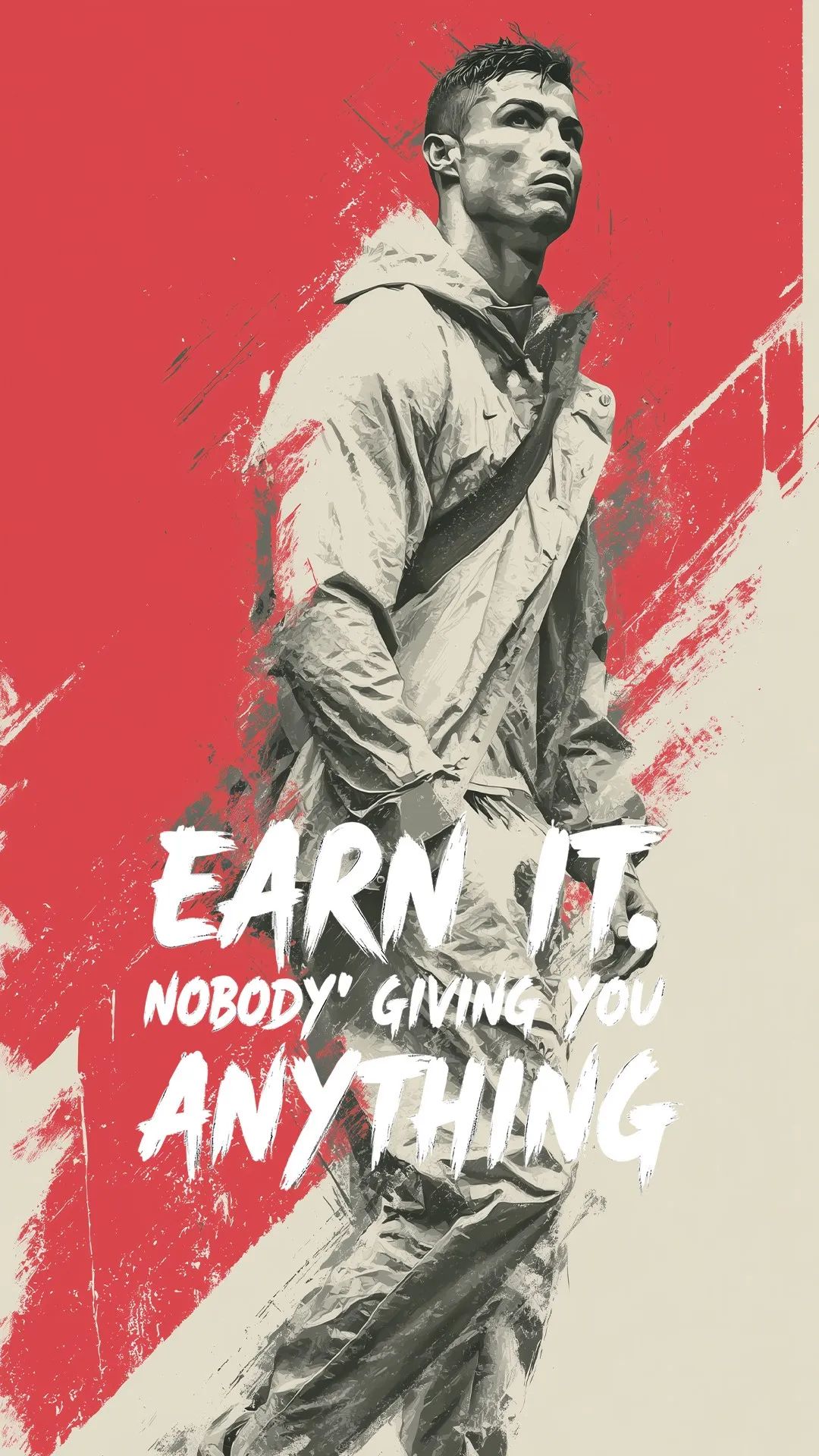 Man in a jacket with motivational text on a red and beige background