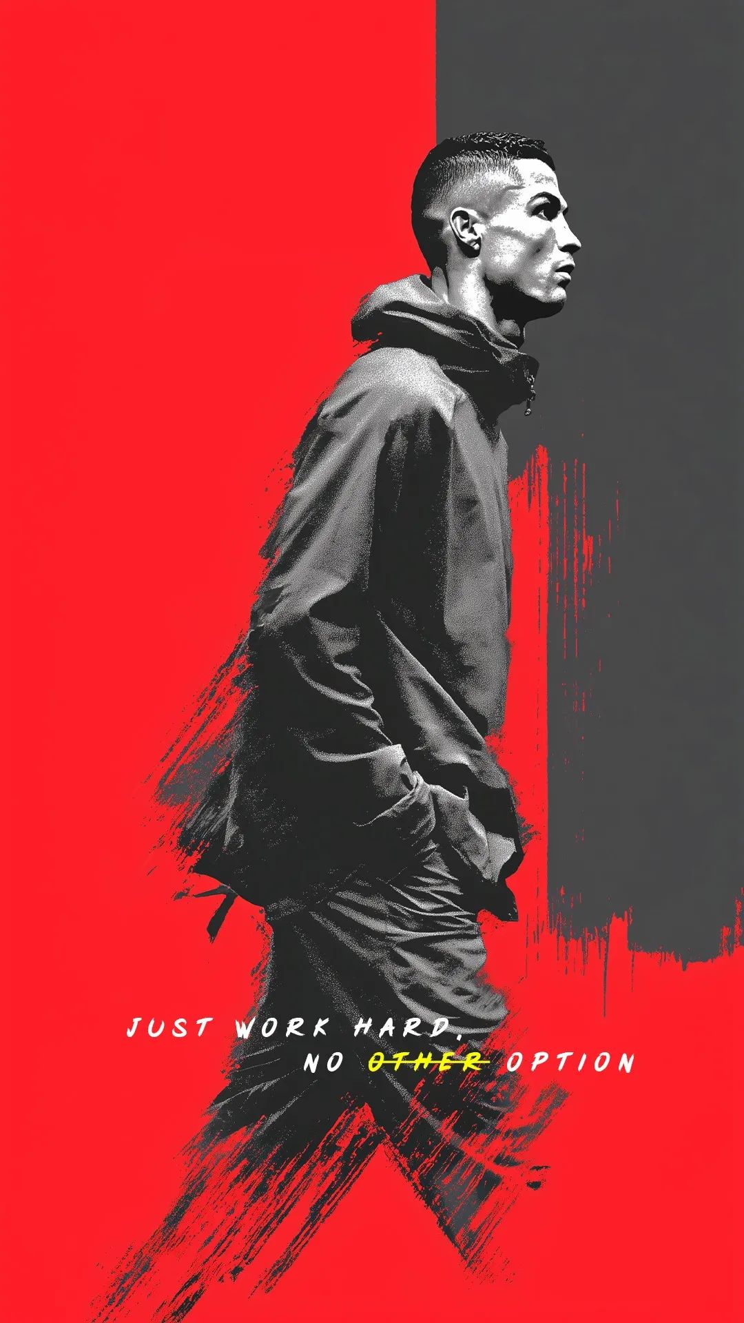 Man in a hoodie with motivational text on a red and gray background