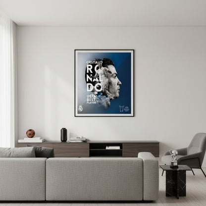 Collage of Cristiano Ronaldo with text and logos on a blue and gray background